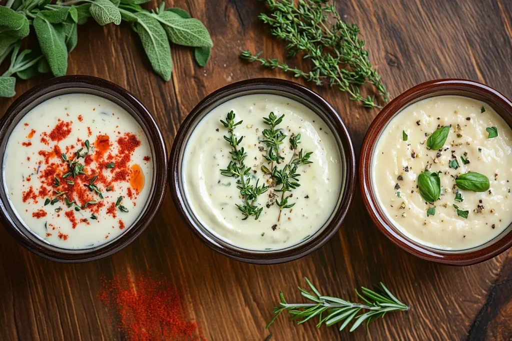 Three bowls of Alfredo sauce showcasing variations: spicy with red pepper flakes, herby with fresh basil, and smoky with paprika, displayed on a wooden table.