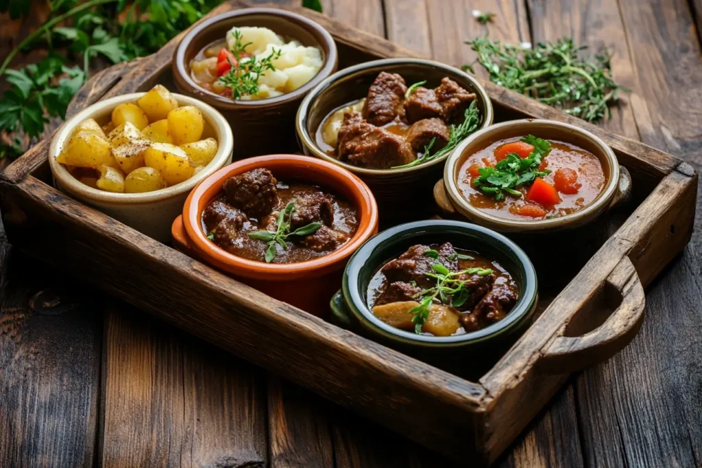 A variety of beef stews from around the world, including French, Irish, Hungarian, and Asian styles, served in small bowls with distinct garnishes.