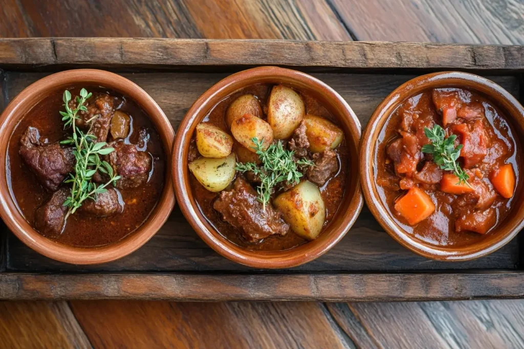 A variety of beef stews from around the world, including French, Irish, Hungarian, and Asian styles.