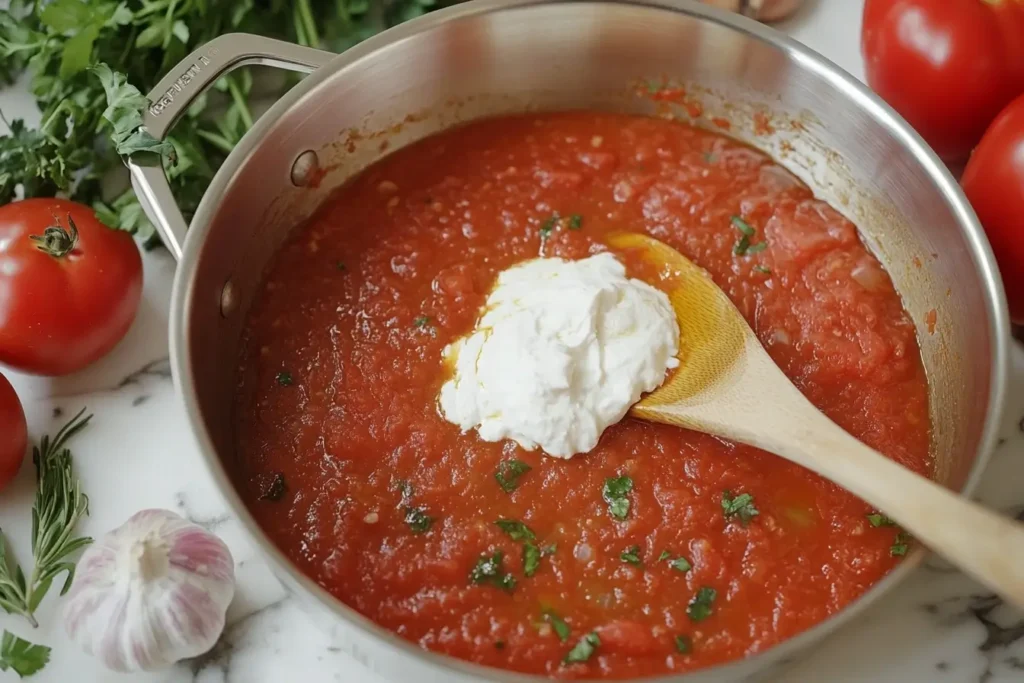 A saucepan of tomato sauce with a dollop of cream cheese being stirred in, surrounded by fresh tomatoes, garlic, and herbs.