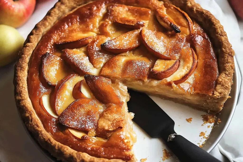 A golden-brown apple Crazy Crust Pie with caramelized apple slices and a flaky, buttery crust, ready to be served.