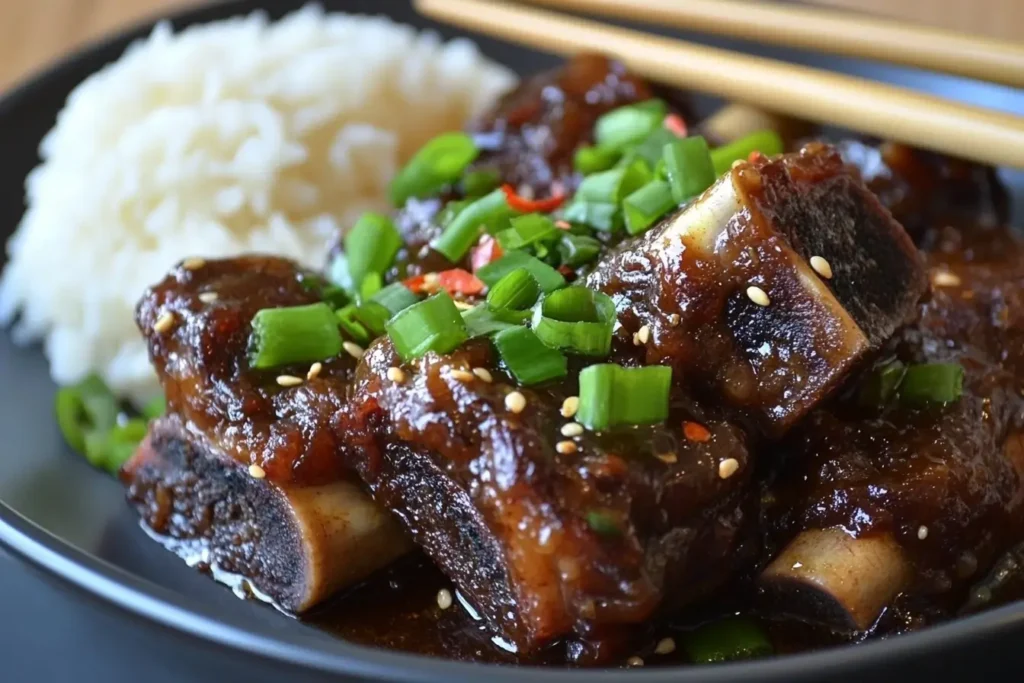 An Asian-style dish featuring oxtails and short ribs glazed in soy-ginger sauce, garnished with scallions and red chili flakes, served with rice for a flavorful fusion recipe.