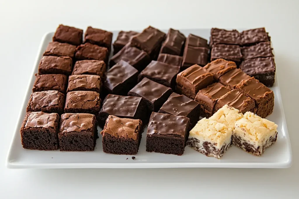 A large white platter with an assortment of chocolate brownies, including fudgy, glazed, and blondie brownies, neatly arranged in rows.