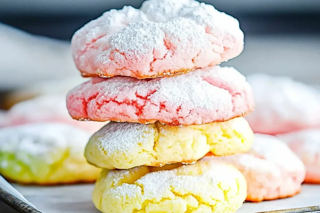 Stack of colorful Cool Whip cookies, including pink and yellow variations, dusted with powdered sugar for a festive and vibrant look.