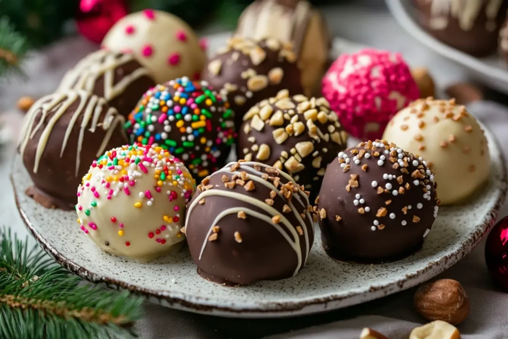 A variety of chocolate peanut butter balls decorated with white chocolate drizzle, colorful sprinkles, and chopped nuts on a holiday-themed platter.