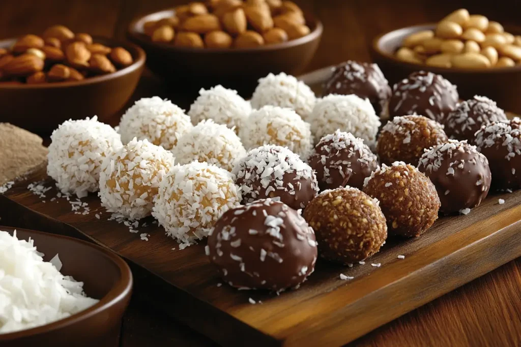 A wooden platter featuring a variety of peanut butter balls, including chocolate-coated, coconut-covered, and plain, surrounded by bowls of shredded coconut and nuts.