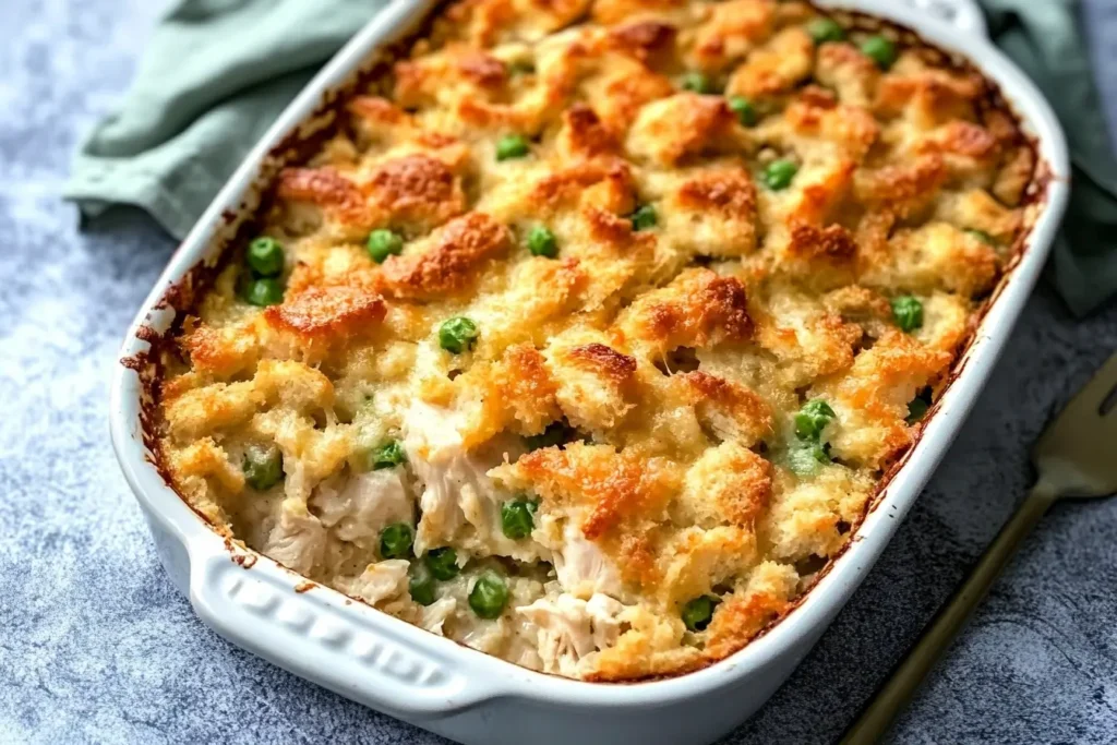 A golden-brown chicken and stuffing casserole with peas, baked in a white dish, ready to serve.