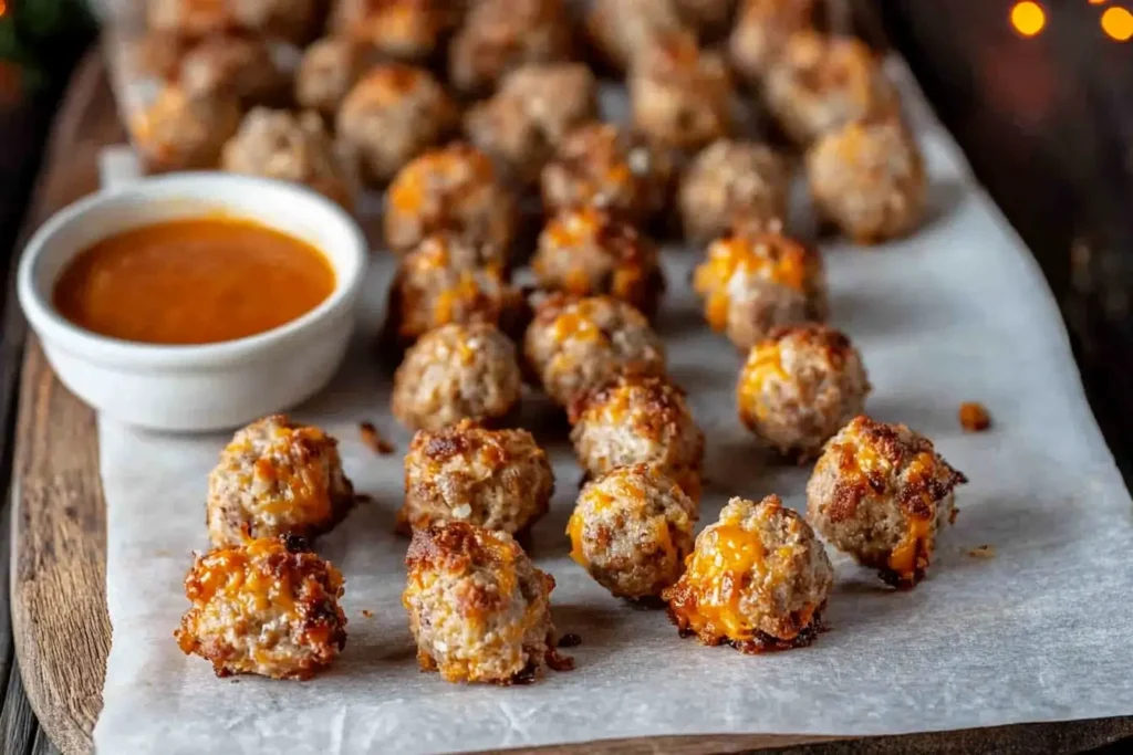 A close-up view of freshly baked cream cheese sausage balls with a golden-brown exterior, served alongside a bowl of dipping sauce on parchment paper.