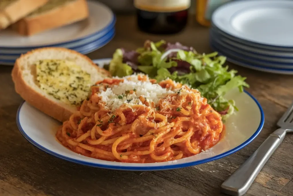 A plate of baked spaghetti served with garlic bread and a fresh green salad on a rustic table, offering a complete meal idea.