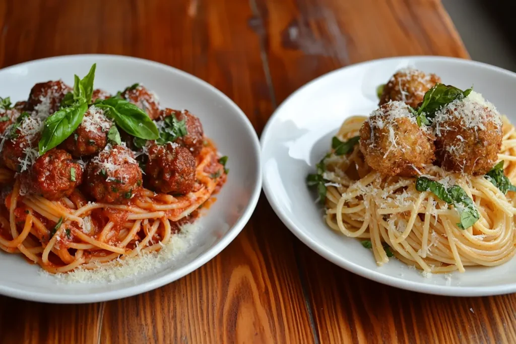 Two plates of spaghetti: one topped with baked meatballs and the other with fried meatballs, garnished with fresh basil and Parmesan, perfect for comparison.