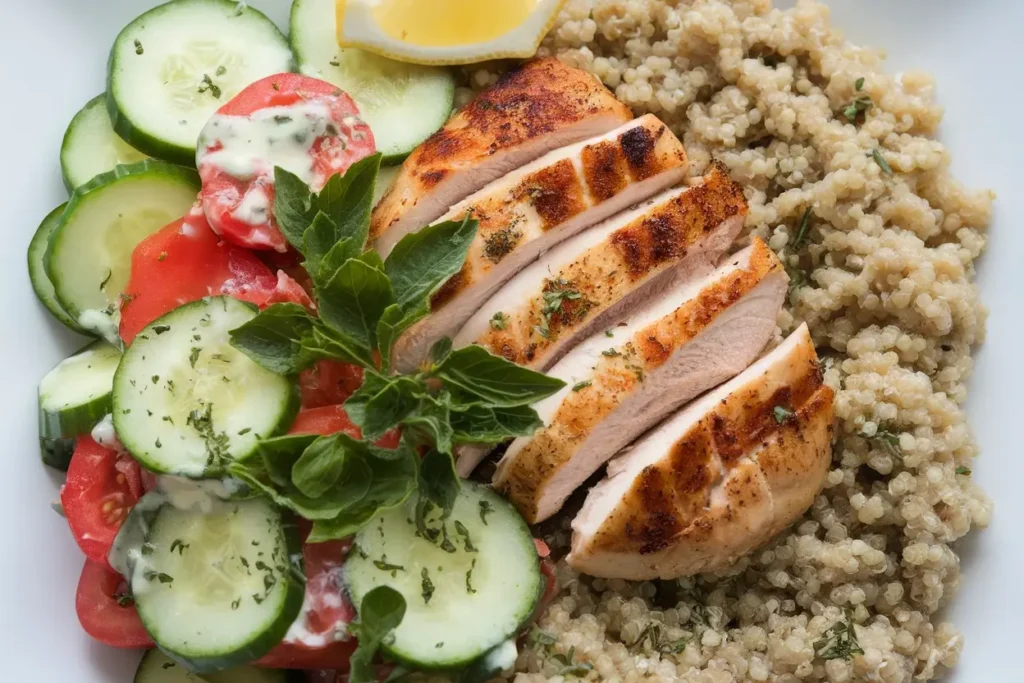 A healthy balanced meal featuring cucumber and tomato salad, grilled chicken breast, and quinoa, garnished with fresh herbs and a lemon wedge.