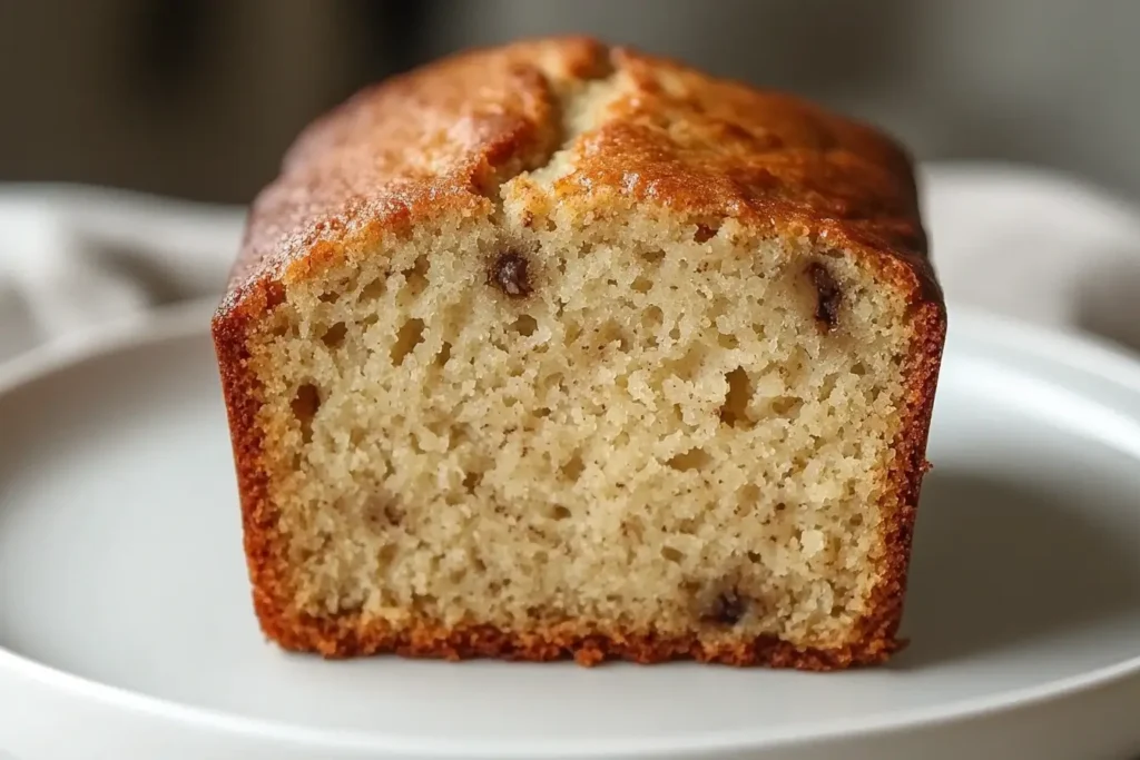 Close-up of moist banana bread with a golden crust, revealing its soft and fluffy texture, served on a white plate for a simple and elegant presentation.