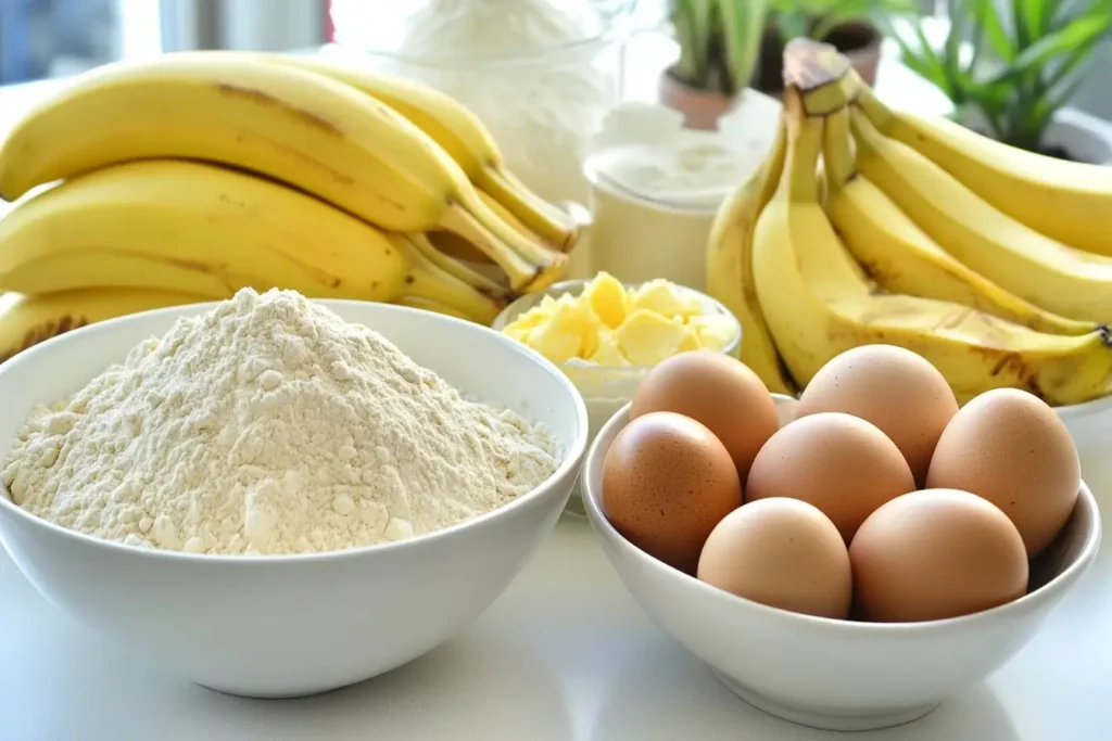 Ingredients for banana bread neatly arranged, including ripe bananas, eggs, flour, and butter, displayed in bowls on a clean white surface for a fresh and organized look.