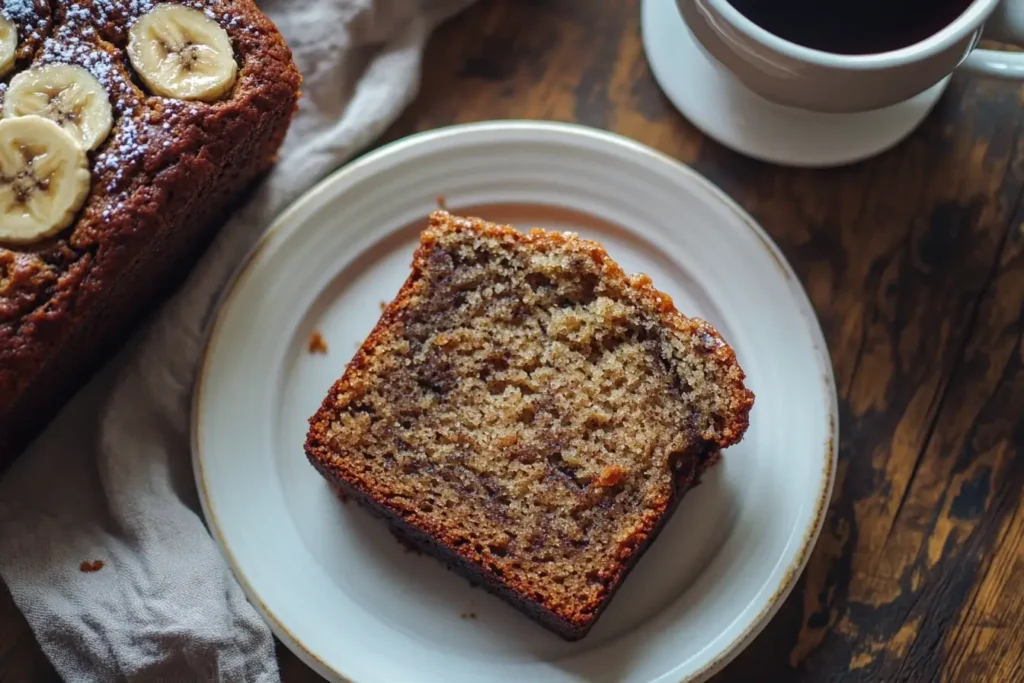 A slice of banana bread on a white plate with a cup of coffee beside it, accompanied by a loaf of banana bread topped with banana slices, creating a cozy breakfast setting.