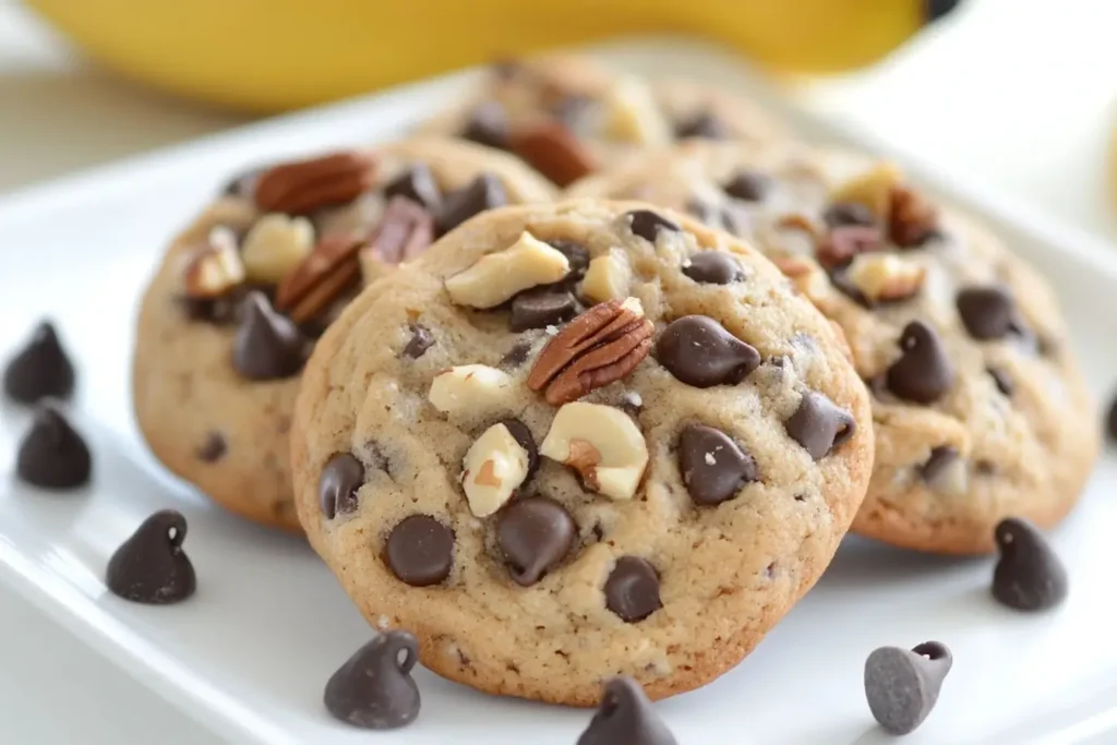 Close-up of freshly baked banana chocolate chip cookies, topped with chopped nuts and chocolate chips, displayed on a white plate with chocolate chips scattered around.