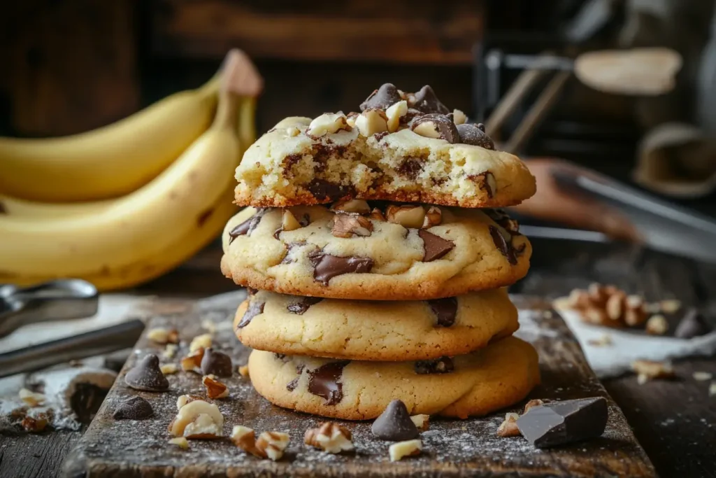 A stack of banana chocolate chip cookies with a rustic background, featuring melted chocolate chunks and chopped nuts, with bananas and baking ingredients in the background.