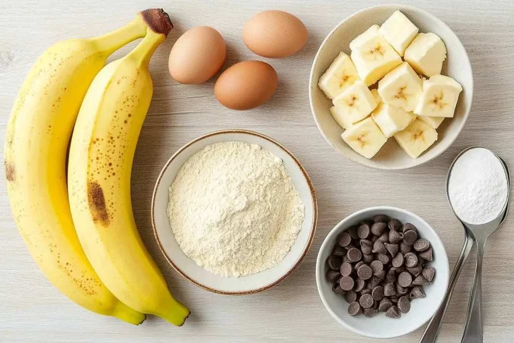 Flat lay of ingredients for banana bread cookies, including ripe bananas, eggs, flour, chocolate chips, and sugar, neatly arranged on a light wooden surface.