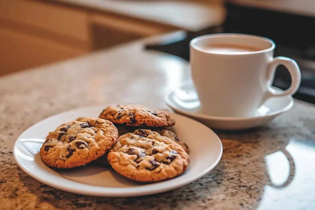 A plate of banana chocolate chip cookies served with a cup of coffee on a granite countertop, creating a cozy and inviting snack scene.