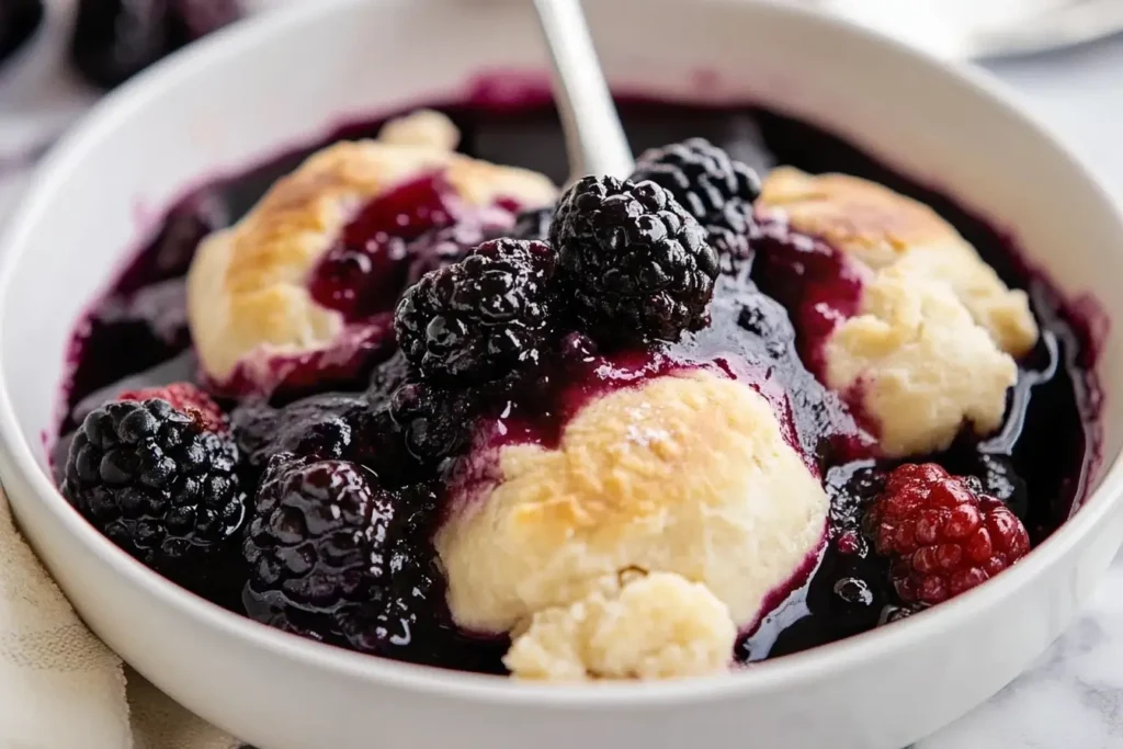 A bowl of blackberry dumplings with fresh raspberries and golden crust, served in a thick, syrupy sauce.