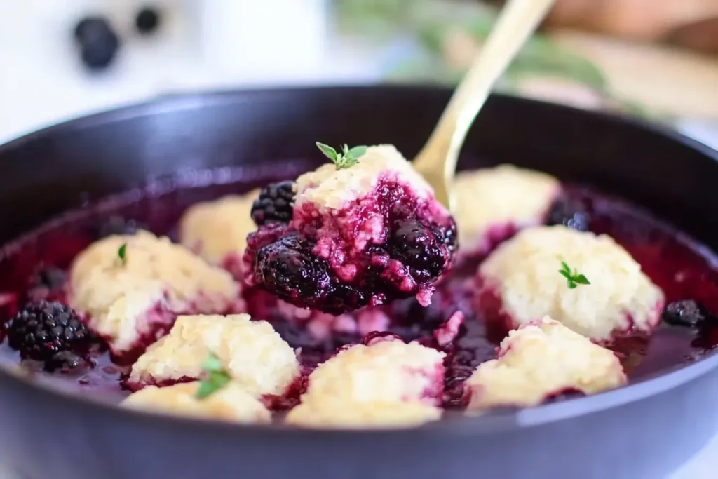 A skillet of blackberry dumplings with golden dough and vibrant blackberry sauce, served fresh and garnished with a sprig of thyme.