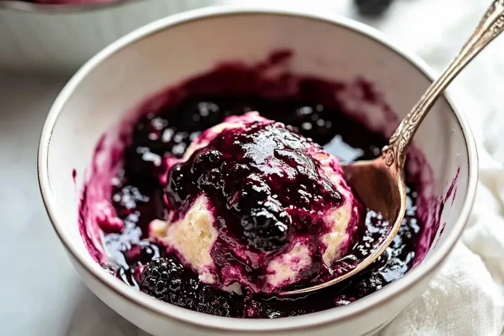 A serving of blackberry dumplings topped with a dollop of whipped cream and glossy blackberry sauce, presented in a white bowl.