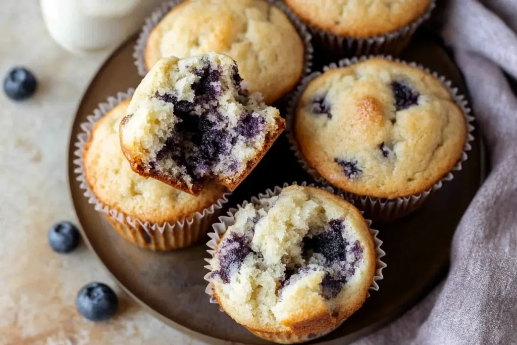 Freshly baked blueberry muffins with a soft and tender crumb, showcasing a moist interior with vibrant blueberries.