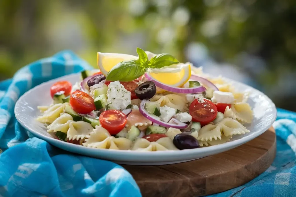 A refreshing bowtie pasta salad with cherry tomatoes, olives, feta cheese, and fresh basil leaves, garnished with lemon wedges on a vibrant blue background.