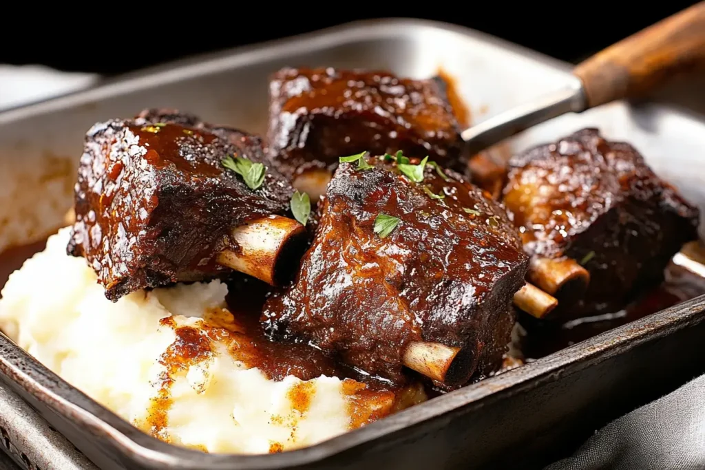 Slow-braised beef short ribs glazed in a rich, savory sauce, served over creamy mashed potatoes and garnished with fresh herbs in a rustic baking dish. Perfect for hearty comfort food or holiday dinner recipes.