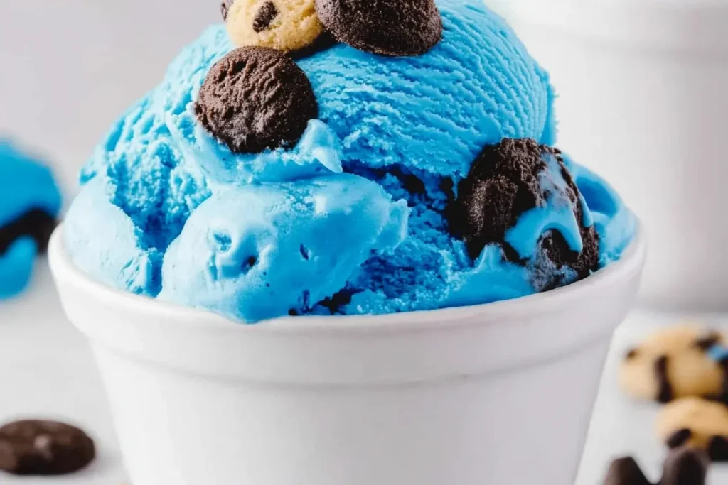 Bright blue Cookie Monster ice cream served in a white bowl, topped with cookie pieces and chocolate chunks.