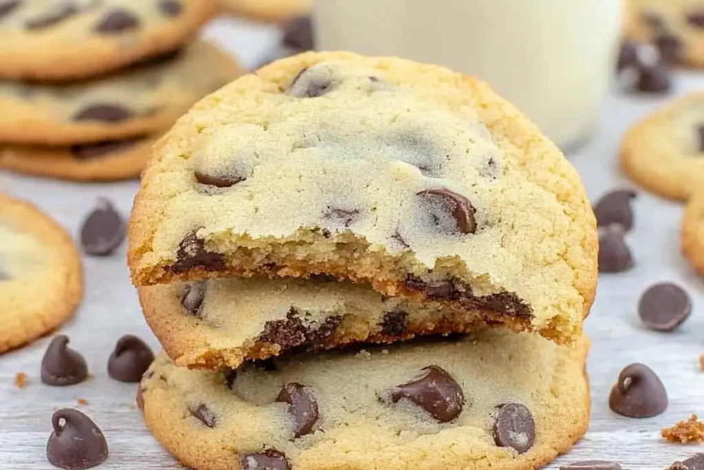 A close-up of a broken chocolate chip cookie, showing a soft center and rich chocolate chips, baked without brown sugar.