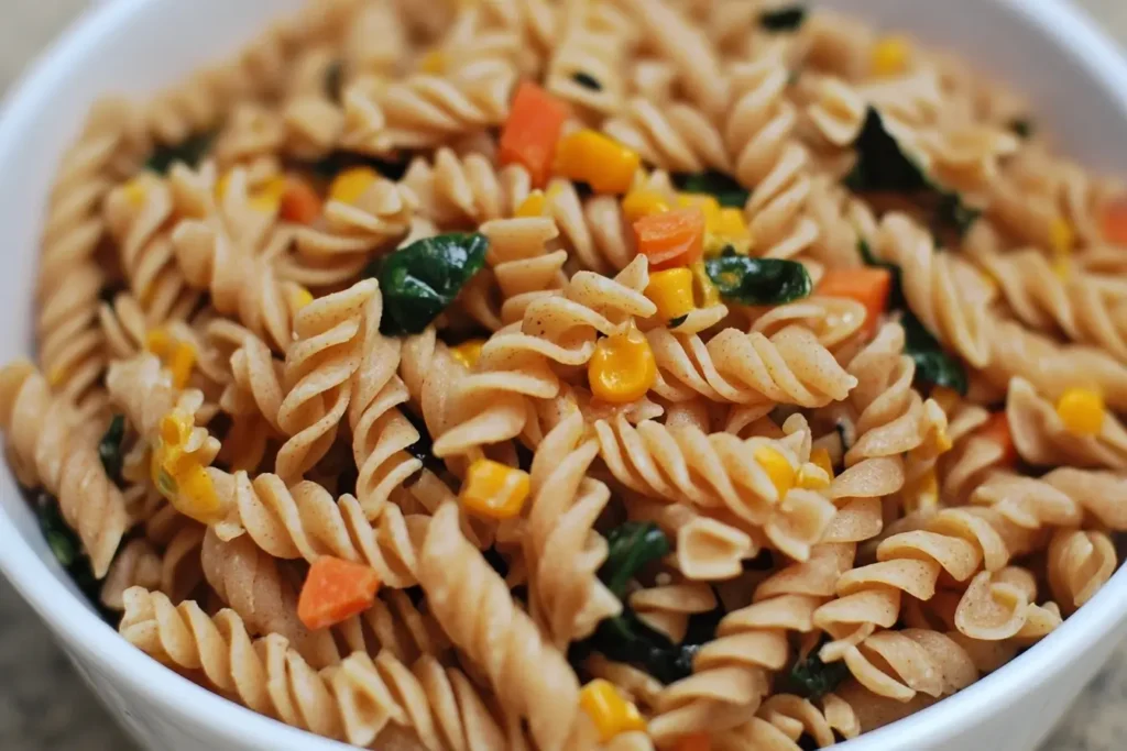 A bowl of brown rice fusilli pasta salad with colorful vegetables, including corn, carrots, and spinach.