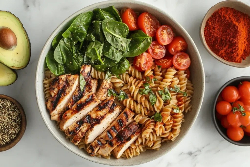 A balanced meal featuring brown rice pasta with grilled chicken, fresh spinach, and cherry tomatoes, ideal for a protein-packed, gluten-free diet.