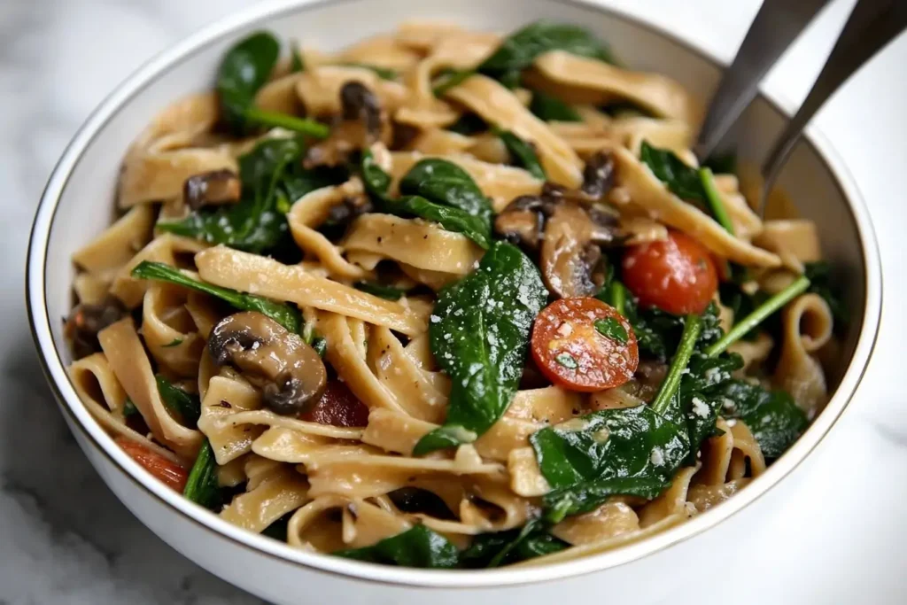 A bowl of cooked brown rice pasta with sautéed mushrooms, spinach, and cherry tomatoes, garnished with Parmesan cheese.