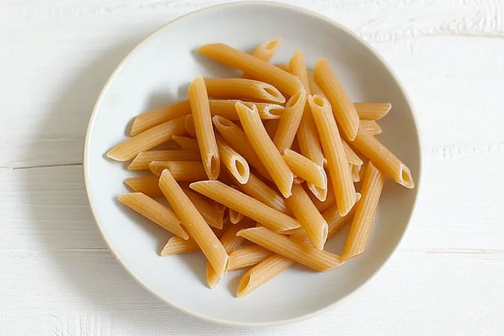 A plate of uncooked brown rice penne pasta on a white background, showcasing its natural color and texture.