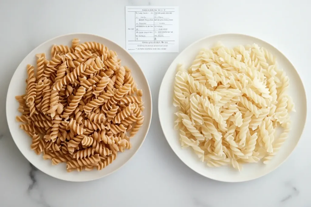 Side-by-side comparison of cooked brown rice pasta and white pasta on plates, emphasizing differences in color, texture, and health benefits.