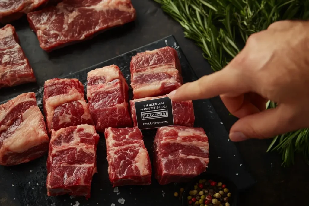 Premium cuts of oxtail and short ribs displayed in a butcher shop, with labels and marbling highlighting meat quality for buyers.