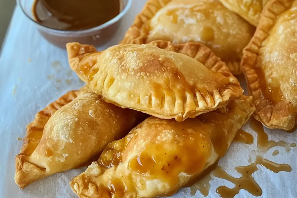 Caramel apple empanadas drizzled with sweet caramel sauce, served alongside a bowl of dipping caramel for added indulgence.