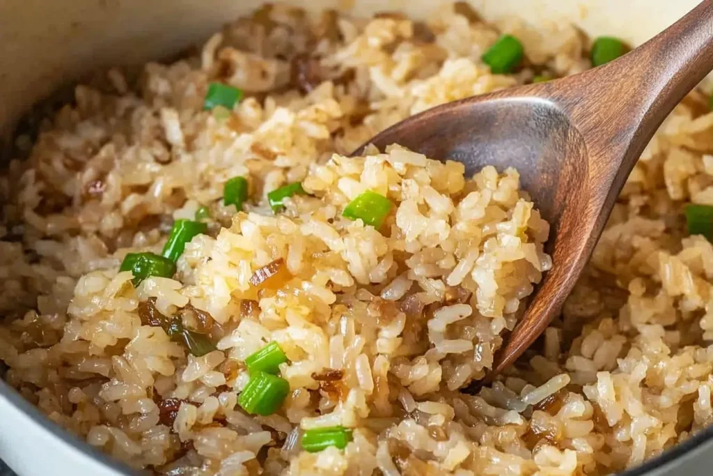 A close-up of caramelized onion rice served in a pot, with vibrant green onions garnished on top and a wooden spoon scooping the rice.