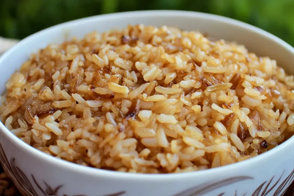 A simple white bowl filled with caramelized onion rice, showcasing the golden-brown color and glossy texture of the dish.