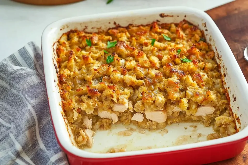 A baked chicken and stuffing casserole in a red dish with a portion removed, revealing the tender chicken and creamy layers.