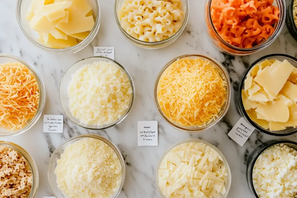 A spread of cheddar, Gruyere, Parmesan, mozzarella, and Gouda cheeses on a marble counter, labeled as ideal options for mac and cheese blends.