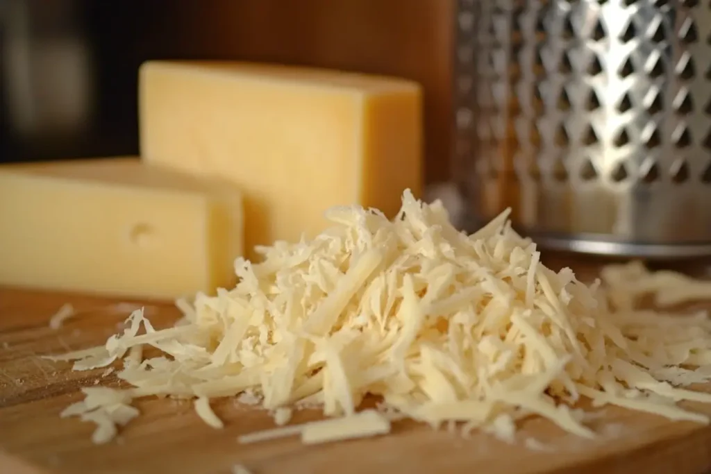 Freshly shredded cheddar and gruyère cheeses on a wooden cutting board, perfect for creating rich and creamy mac and cheese sauces.