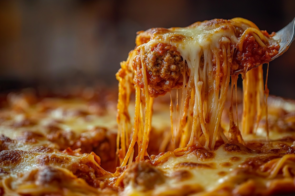 A serving of baked spaghetti and meatballs with gooey melted cheese stretching from the dish, highlighting the dish's cheesy texture.