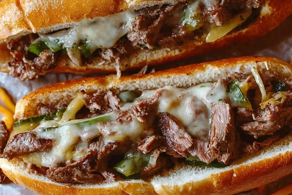 Philly cheesesteak variation with sautéed green peppers, onions, and melted cheese inside a golden hoagie roll.