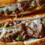 Philly cheesesteak variation with sautéed green peppers, onions, and melted cheese inside a golden hoagie roll.