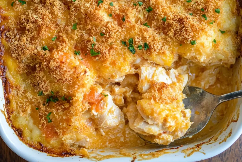 A cheesy chicken casserole with a golden crust, featuring melted cheese, breadcrumbs, and fresh parsley for garnishing.