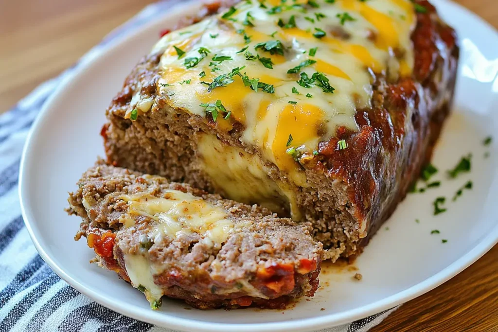 A freshly baked Philly cheesesteak meatloaf with golden, melted cheese dripping over the edges, served on a white plate and garnished with herbs.