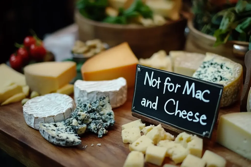 A variety of cheeses such as blue cheese, feta, ricotta, and goat cheese on a wooden cutting board, labeled as unsuitable for mac and cheese due to their texture or flavor.