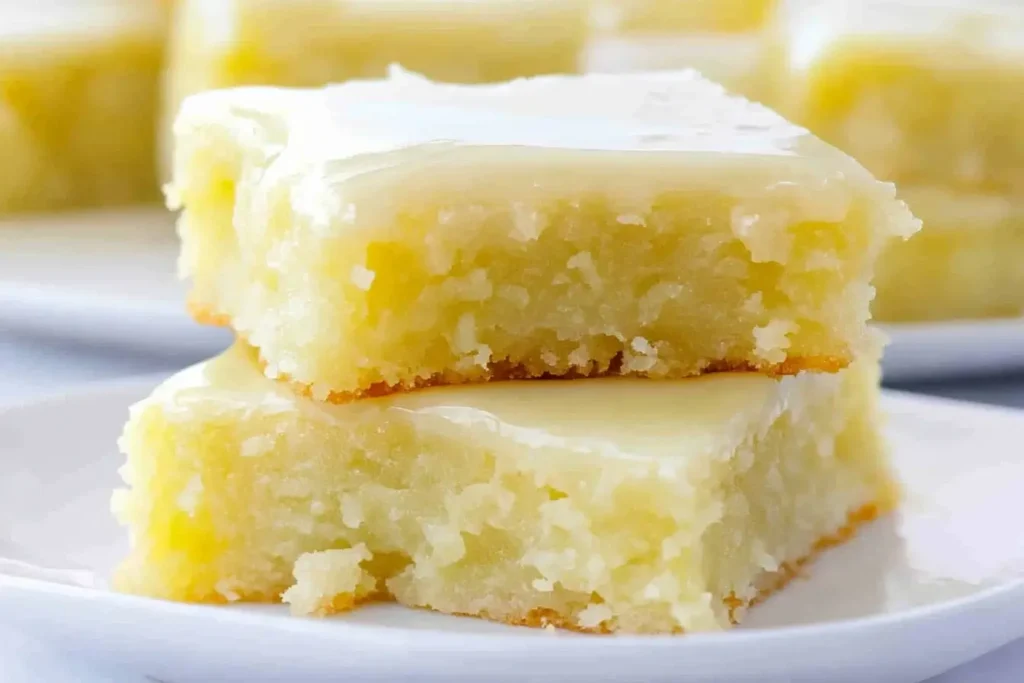 Two lemon brownies stacked on a white plate, topped with lemon glaze, showing their chewy and moist interior.