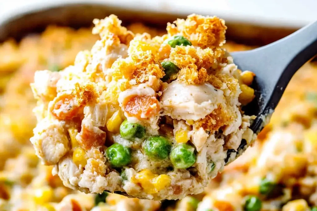 A hearty spoonful of chicken casserole with carrots, peas, and corn, topped with a crispy stuffing layer.